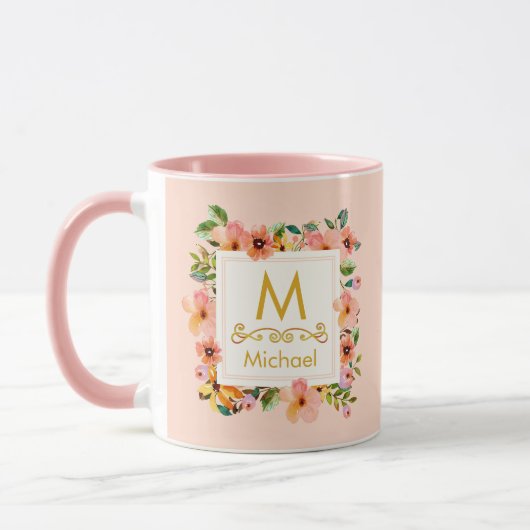 Mug Floral Monogram I Custom Name & Gold Initial Gift (Gauche)