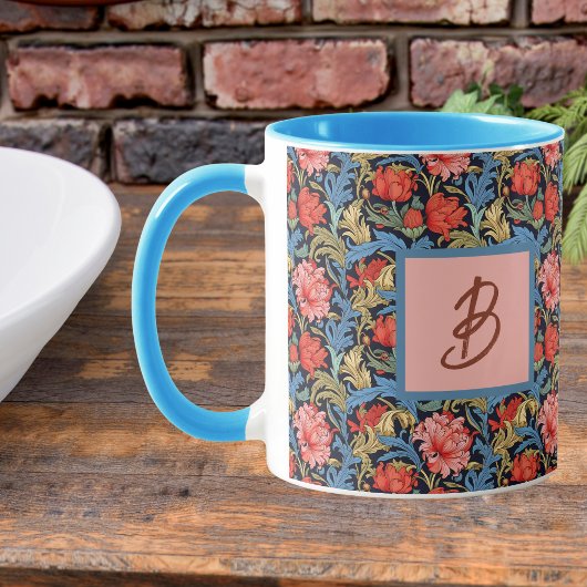 Mug Floral Monogram Pink Blue William Morris Style