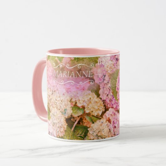 Mug Floral Pink Hydrangea Monogramme Nom Script (Devant gauche)