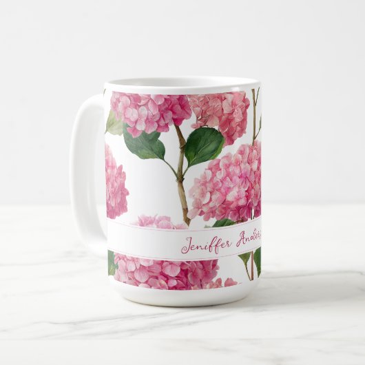 Mug Floral Pink Hydrangea with Custom Name (Devant gauche)