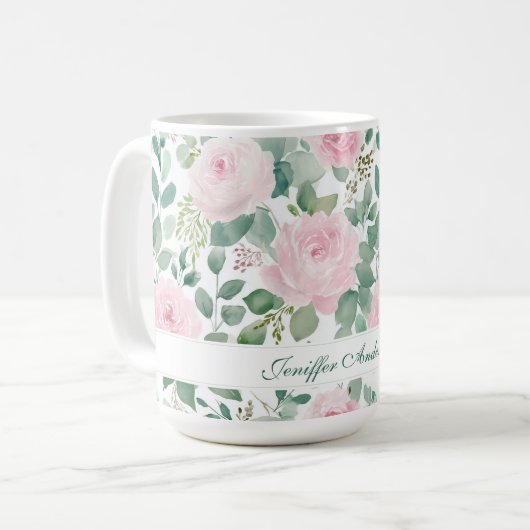 Mug Floral Pink Rose with Custom Name (Devant gauche)
