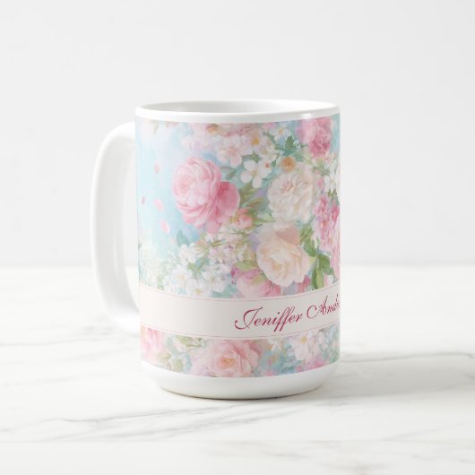 Mug Floral Pink & White Roses with Custom Name (Devant gauche)