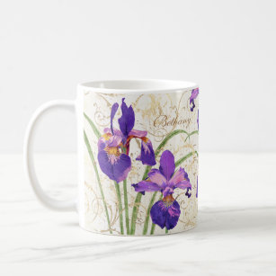 Mug Floral Purple Iris Gold Damask Monogramme Nom