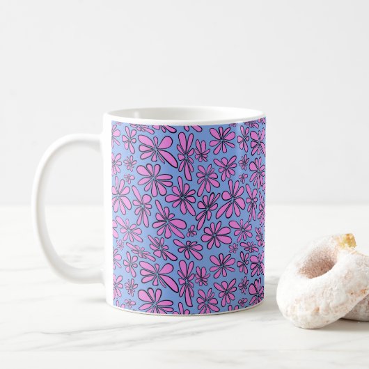 Mug Floral rose à la main sur bleu de cornflower (Avec donut)