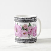 Mug Floral Rose Avec Bordure De Dentelle Noire (Devant droit)