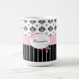 Mug Floral rose chic de damassé noire et blanche avec