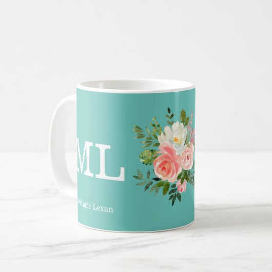 Mug Floral rose et Monogramme Turquoise (Devant gauche)