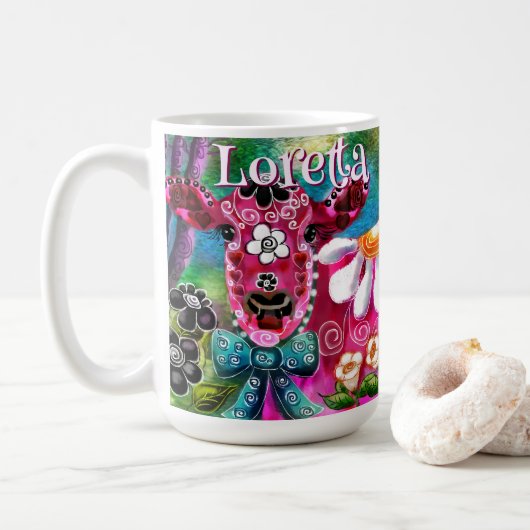 Mug Florale Fantaisiste Vache Rose Sarcelle Noir Perso (Avec donut)