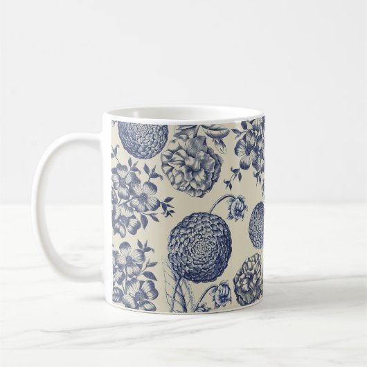 Mug Flore d'impression florale de fleurs bleues antiqu (Gauche)