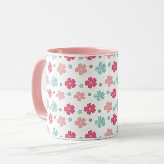 Mug Flore simple et ditsy en rose et Turquoise (Devant gauche)