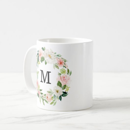 Mug Flores bleues | Monogramme de couronne florale (Devant gauche)