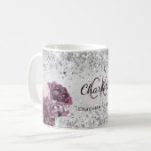 Mug Flores bordeaux argentés nom monogramme élégant (Devant gauche)