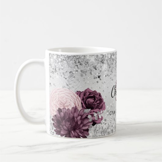 Mug Flores bordeaux argentés nom monogramme élégant (Gauche)