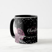 Mug Flores bordeaux noirs élégant nom monogramme (Devant gauche)