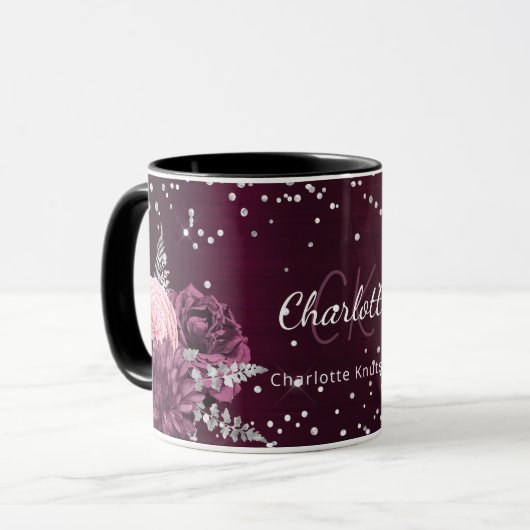 Mug Flores bourguignonnes nom monogramme élégant (Devant gauche)