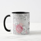 Mug Flores rose argent élégant nom monogramme (Gauche)