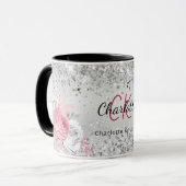 Mug Flores rose argent élégant nom monogramme (Devant gauche)