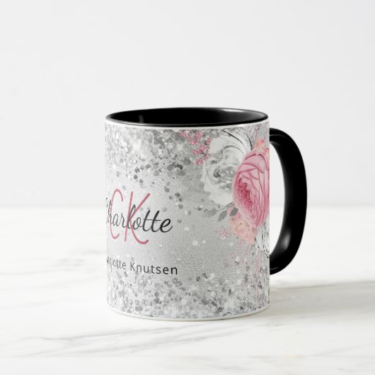 Mug Flores rose argent élégant nom monogramme (Devant droit)