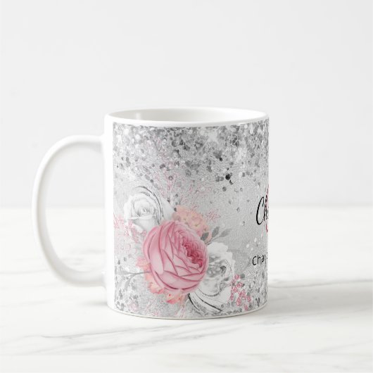Mug Flores rose argent élégant nom monogramme (Gauche)