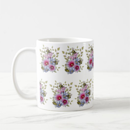 Mug FLOWERS & BEES Digital Drawing, Pink Hollyhocks (Gauche)