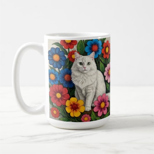 Mug Folk Art Cat and Flowers (Gauche)