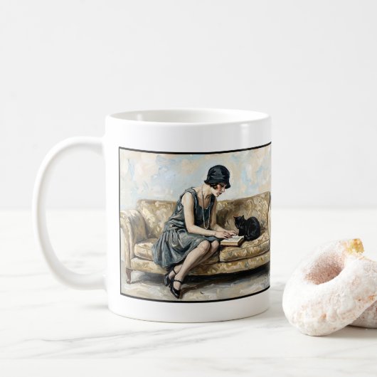 Mug Folle lisant un livre avec un chat noir Littératur (Avec donut)