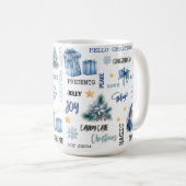 Mug Fond blanc avec Santa bleu et cadeaux (Devant droit)