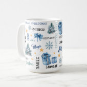 Mug Fond blanc avec Santa bleu et cadeaux (Devant gauche)