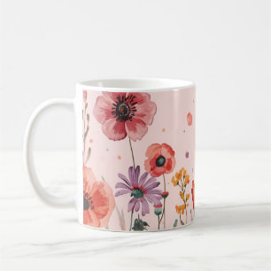 Mug Fond rose poudré avec des pavots et des fleurs sau