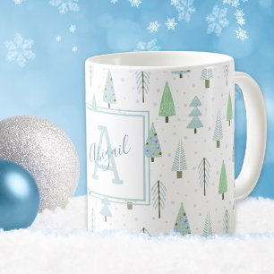 Mug Forêt de Noël moderne Arbres Blue Green Monogramme