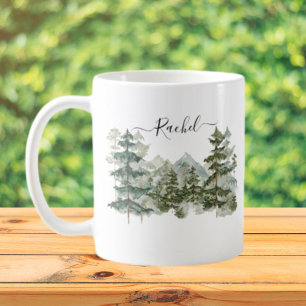 Mug Forêt de pins et montagne à l'aquarelle esthétique