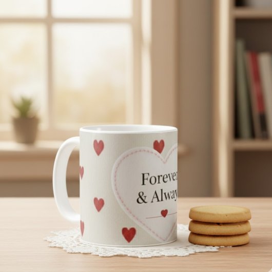Mug Forever & Always" Minimalist Red Heart Pattern - C