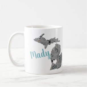 Mug Forme Michigan Avec Nom & Gris Blue Poppy Floral