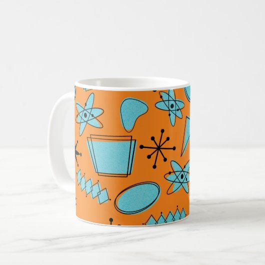 Mug Formes atomiques MCM Turquoise sur orange (Devant gauche)