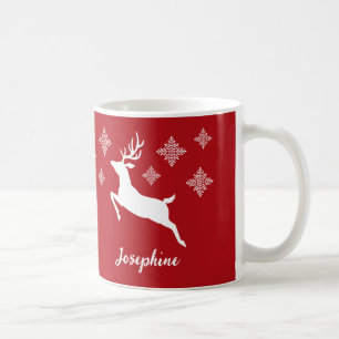 Mug Formes de cerf blanc sur fond rouge avec flocons d