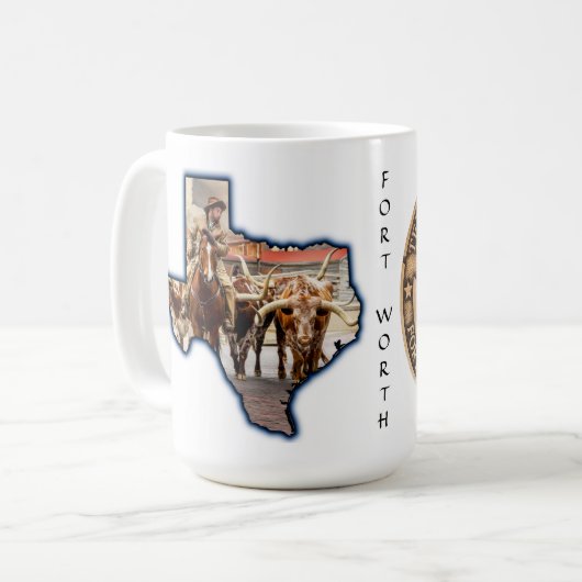 Mug Fort Worth Stock Yards Texas Graphisme sur blanc,  (Devant gauche)