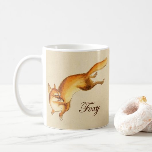Mug "Foxy" - Dessin japonais Vintage d'un renard (Avec donut)
