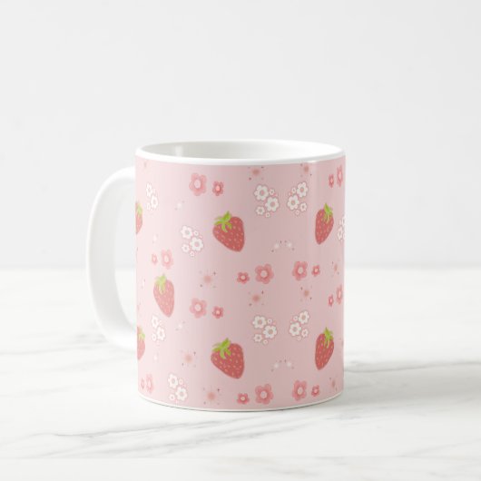 Mug Fraise mignonne aux fleurs. (Devant gauche)