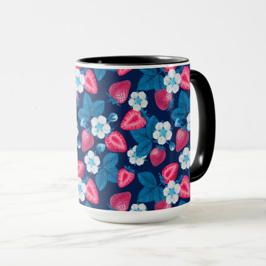 Mug Fraises roses sur bleu (Devant droit)