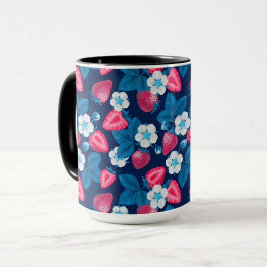 Mug Fraises roses sur bleu (Devant gauche)