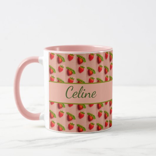 Mug Fraises sur un fond rose en texture de tissu (Gauche)