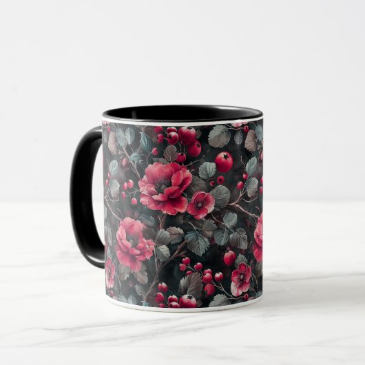 Mug Framboise, fleurs bordeaux sur gris foncé (Devant gauche)