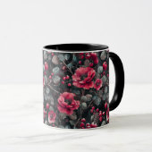 Mug Framboise, fleurs bordeaux sur gris foncé (Devant droit)