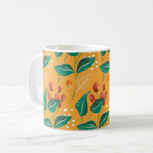 Mug Framboise rouge et feuilles verts. Motif jaune flo