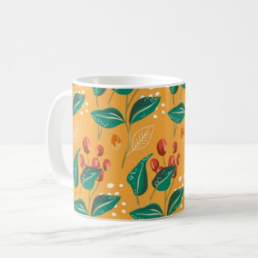 Mug Framboise rouge et feuilles verts. Motif jaune flo (Devant gauche)