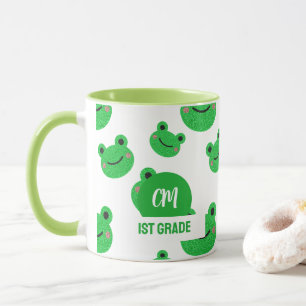 Mug Frog Happy Face Motif Green Monogram School