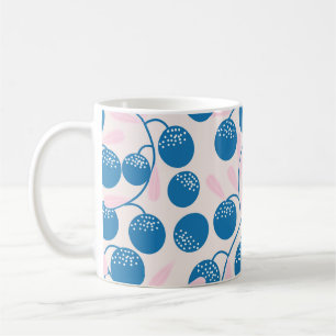 Mug Fruits bleus, feuilles roses, design sans soudure.