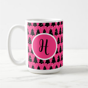 Mug Fuchsia moderne & Black Christmas Tree Monogramme