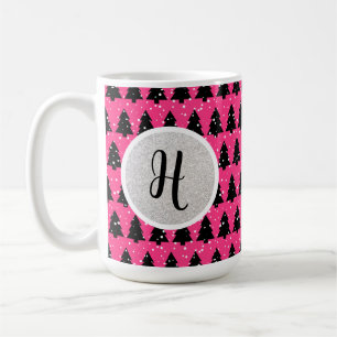 Mug Fuchsia Moderne Et Monogramme D'Arbre De Noël Noir