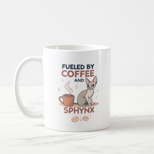 Mug Fueled by Coffee and Sphynx Cat Art (Gauche)